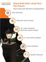 Gama Sonic Outdoor Solar Post Light with Pier Base, Brushed Bronze Finish Aluminum and Rain Glass, Royal Bulb 150 | Lumora