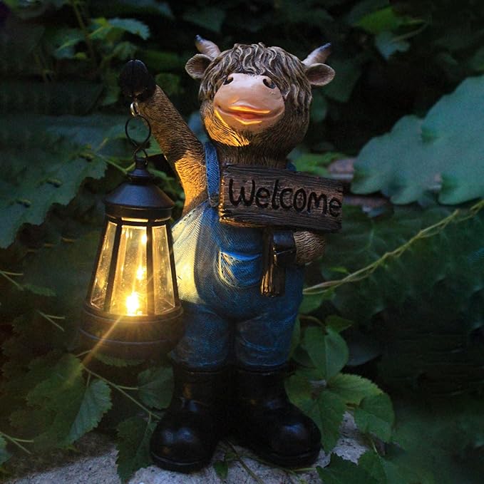 Solar Garden Statues -Highland Cow Lantern Outdoor Handmade Resin Statue with LED Light, and Welcome Holder for | Lumora
