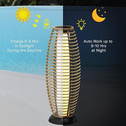 Grand patio Floor Lamp Outdoor Lamp Patio Lights Solar Powered Lantern Weather-Resistant Wicker Deck Lights, Lamp Large-Sized for Garden (Austin Natural Brown)