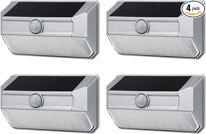 Home Zone Mesh Linkable Series 4-Pack Solar SMD LED Security Wall Pack Light, 800LM, Auto-Linking, 120°x26 ft Motion Detection, 3000K Warm White, Customizable 4-Channel Settings, Silver