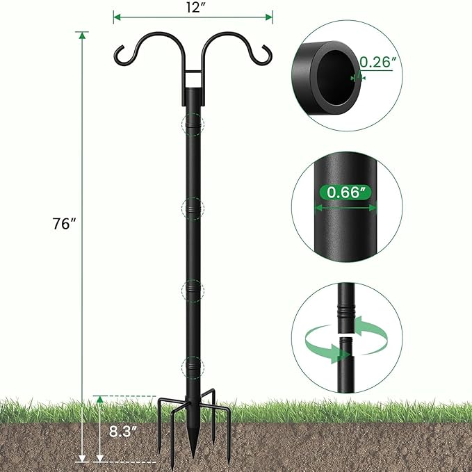 BEAU JARDIN Double Shepherds Hooks for Outdoor 76”2 Pack + 8 Pack Solar Pathway Lights