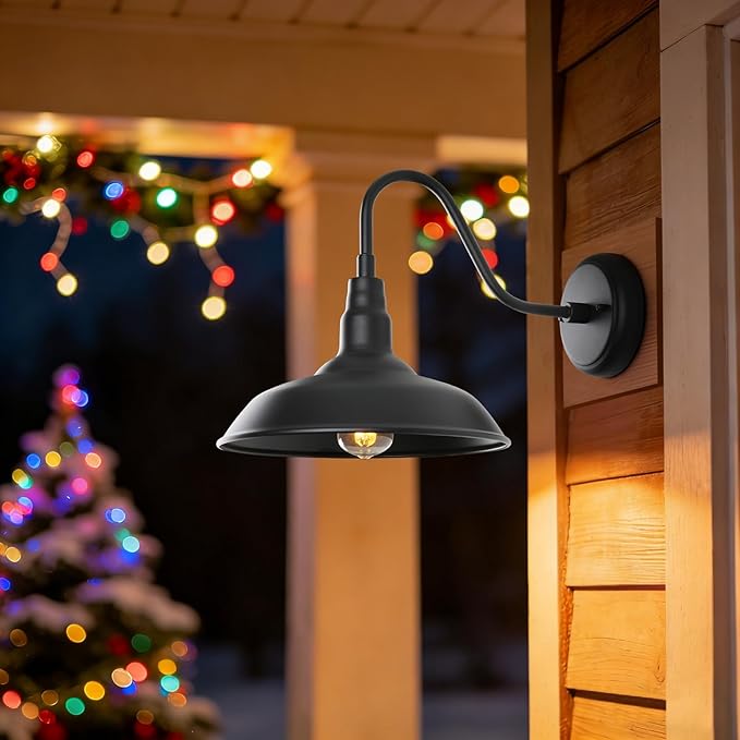 Black Outdoor Barn Light with Wall Mount 2 Pack Exterior Gooseneck Lights with 10" Dome, Farmhouse Style Outside | Lumora