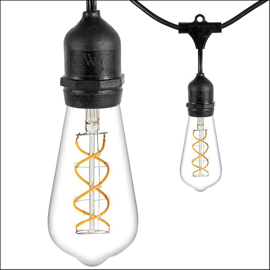 Wintergreen Lighting 15' FlexFilament LED ST64 Edison Patio Lights, Suspended Sockets, Commercial Grade LED Patio Lights, 10 LED Filament Bulbs, 18" Spacing Outdoor Patio Lights