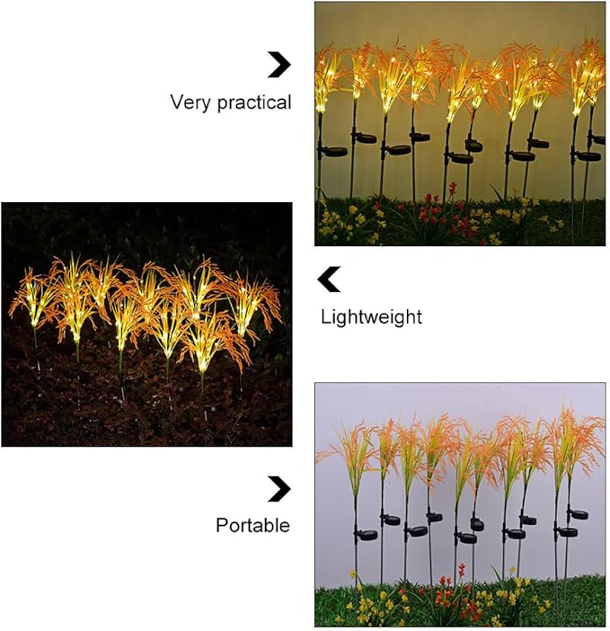 4pcs LED Solar Path Lights Warm Light Outdoor Garden Lawn Decor Simulated Rice Stem Stake for Yard and Courtyard
