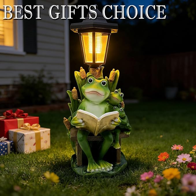 Solar Frog Garden Statue for Outdoor Decor with Lantern - Lawn Decoration 16“ Tall Frog Figurine Lights for Patio | Lumora