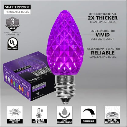 Wintergreen Lighting 25 C7 OptiCore Purple Commercial Christmas Lights LED Heavy Duty Halloween Decorations; 18-Gauge Green Wire (25 ft)