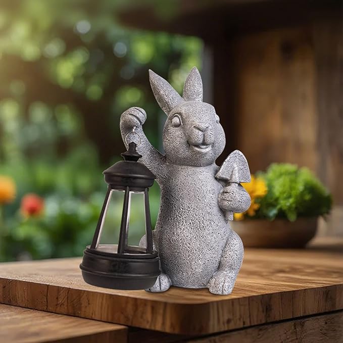 Rabbit Statue Garden Ornaments Art Outdoor Decoration with Solar Powered LED Lights Decor for Patio,Balcony,Yard, Mum Birthday Gifts, Garden Gifts for Women, Chrismtas Gifts for Mom Grandma