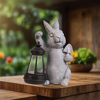 Rabbit Statue Garden Ornaments Art Outdoor Decoration with Solar Powered LED Lights Decor for Patio,Balcony,Yard, Mum Birthday Gifts, Garden Gifts for Women, Chrismtas Gifts for Mom Grandma