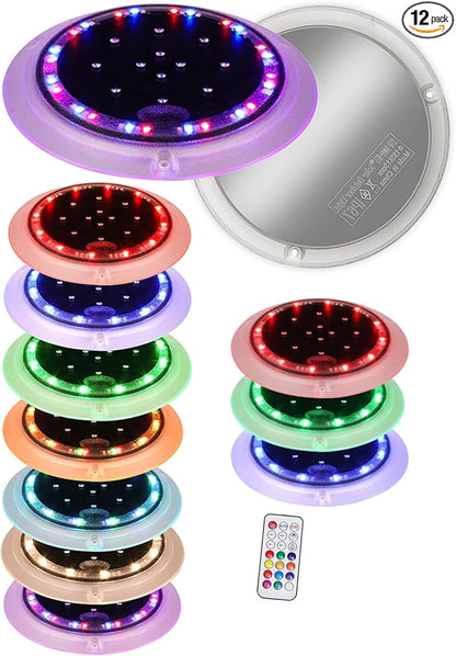 Solar Dock Lights, Color Changing 48 LEDs Super Bright Disc Driveway Light, Outdoor Waterproof Flat Low Profile, Anti-Trip&Anti-Slip for Marine, Ground, Pool, Pier, Deck (RGB-W, 12Pack)