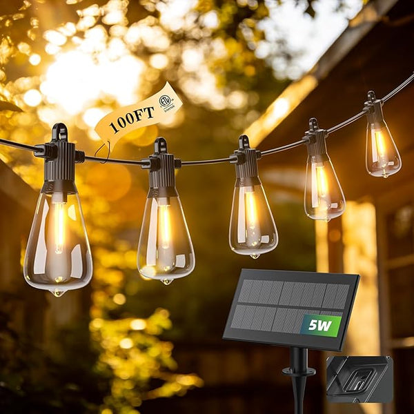 100FT Solar String Lights Outdoor Waterproof IP65 with USB-Charging , Solar Powered LED Patio Lights with 50+2 | Lumora