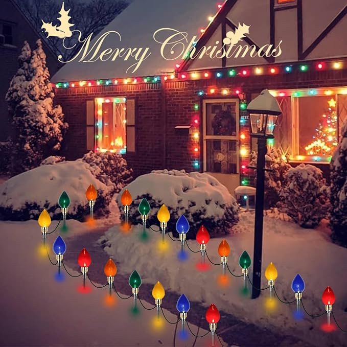 Christmas Pathway Lights Outdoor 17.3Ft 10 LED Mini Colored Bulb Lights and 10 Stakes, Connectable Driveway Christmas Light for Yard Patio Walkway Xmas Outdoor Decorations