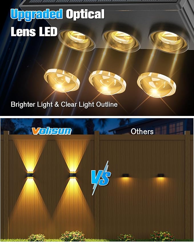 VOLISUN Solar Fence Lights 6 Pack, Color Glow LED Up and Down Wall Lamp, IP65 Waterproof Solar Lights Outdoor for Patio, Backyard, Railing, Deck, Fence and Wall（6 Lenses）