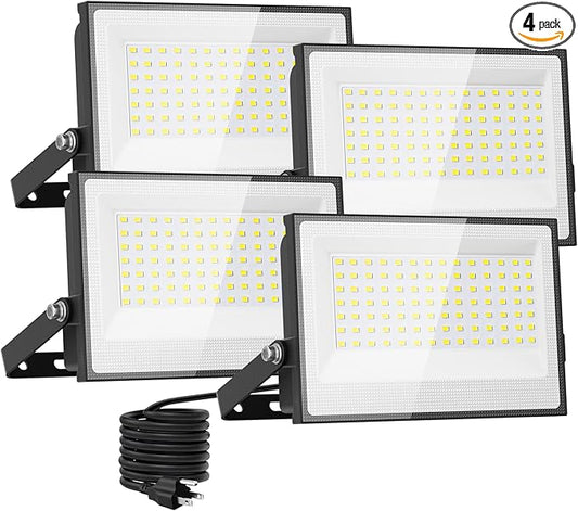 Onforu 120W Flood Lights Outdoor, 12000lm Bright LED Work Light with Plug, 6500K Daylight White LED Flood Lighting, IP66 Waterproof Security Yard Lights for Yard Garage Stadium 4 Pack