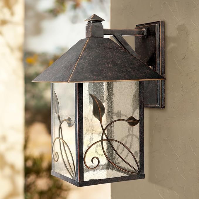 Franklin Iron Works French Garden Rustic Natural Cottage Outdoor Wall Fixture Bronze Metal Leaf and Vine Motif 15" Clear Seedy Glass Decor Exterior House Porch Patio Outside Deck Garage Front Door