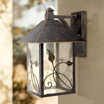 Franklin Iron Works French Garden Rustic Natural Cottage Outdoor Wall Fixture Bronze Metal Leaf and Vine Motif 15" Clear Seedy Glass Decor Exterior House Porch Patio Outside Deck Garage Front Door