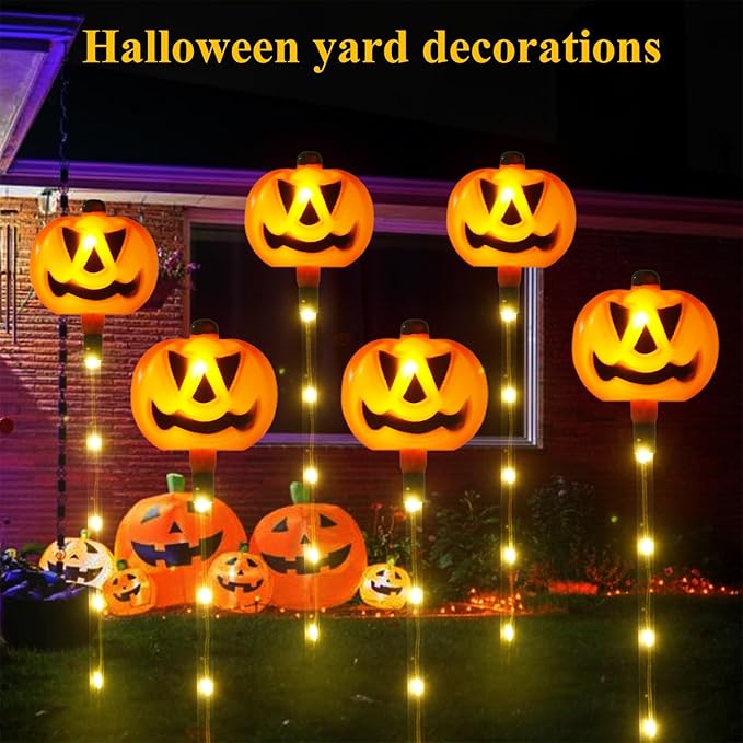 6 Pack Solar Pumpkin Garden Pathway Stake Lights Outdoor Halloween Decorations,8 Modes Solar Pumpkin Lights for Outside Waterproof Lighted Scary Jack o Lantern for Patio Yard Lawn Grave Decor