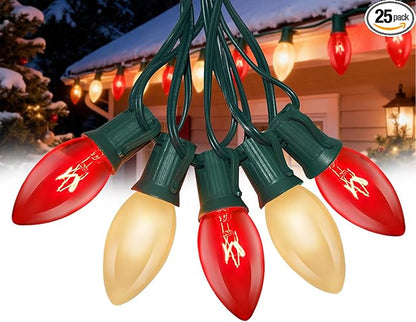 25FT C9 Christmas Outdoor Lights,Red and Frosted White Christmas Lights with 26 Bulbs(1 Spare),Commercial Vintage Red White String Light for Tree Yard Garden Porch Party