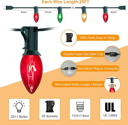Abeja C9 Multicolor Chritsmas Lights, 25Ft Vintage Christmas String Lights with 26 Red/Green/Frosted White Bulbs, Hanging Patio Lights for Outdoor Roofline Christmas Tree Garden Decor, Green Wire