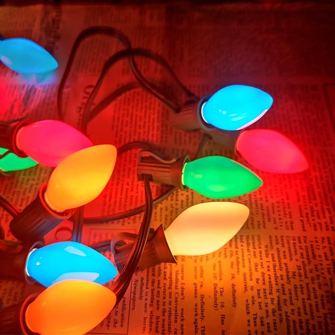 Couah C7 LED String Lights-25Ft Ceramic Vintage Multicolor Lights with 27 Colorful LED Bulbs (2 Spare), Outdoor String Lights for Christmas Party Backyard Wedding- Green Wire