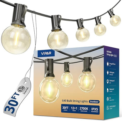 VIPAR Outdoor String Lights, 30FT 13 G40 Bulbs Patio Lights Outdoor Waterproof, Shatterproof Connectable LED Outside Hanging Light for Balcony, Backyard, Porch, Garden, Deck, Bistro, 2700K Dimmable