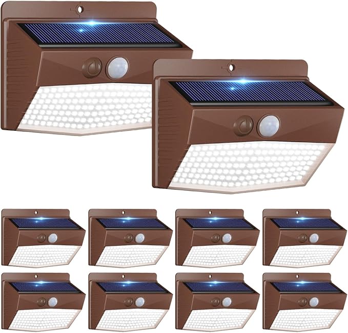 Peasur Solar Lights Outdoor Motion Sensor [10 Packs] Security Light with 3 Lighting Modes Wall Lights Waterproof Solar Powered Lights for Garden Fence Yard, Brown