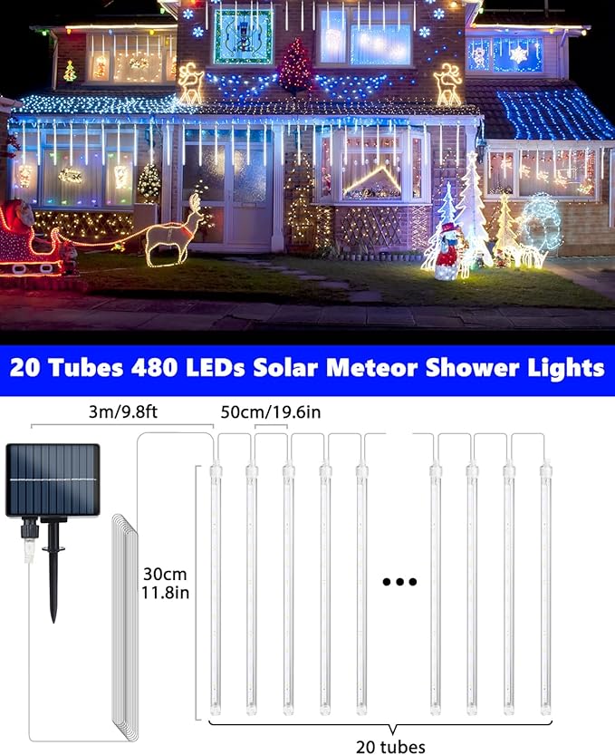 Flacchi Solar Meteor Shower Icicle Lights - 20 Tubes 480 LED Cascading Raindrop Lights, Outdoor Waterproof | Lumora