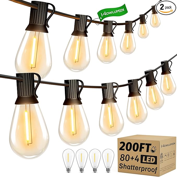 Outdoor String Lights, 200FT (100FTx2) Patio Lights with 84 Shatterproof S11 Bulbs (4 Spares), IP65 Waterproof & Connectable, 2200K Warm White LED Hanging Lights for Large Area Decor Party