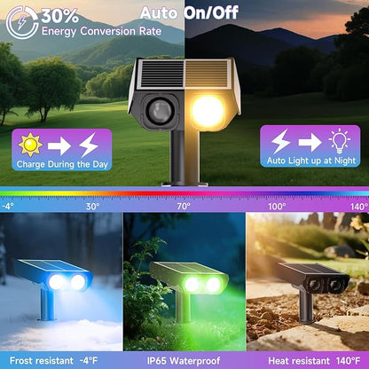 Color Changing Solar Spot Lights Outdoor with PC Light Guide Column, 8 Lighting Modes Christmas Outdoor Spotlight, IP65 Waterproof RGB Solar Spotlight for Garden Yard Tree Pathway, 4Pack
