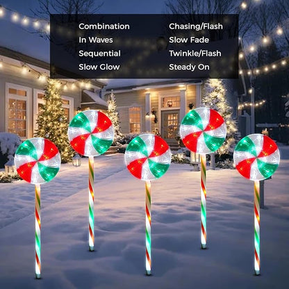 BRIGHTDECK Lollipop Solar Christmas Pathway Lights Outdoor, 5 Pack LED Christmas Decor with 8 Lighting Modes, Light Up Solar Stake Lights for Holiday, Xmas, Walkway, Sidewalk (RedGreen, 5 PCS)
