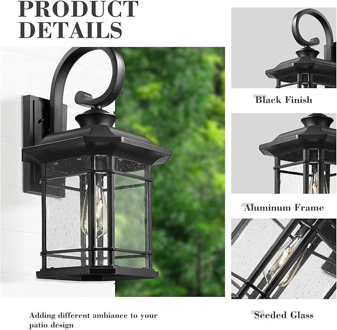 Emliviar Outdoor Wall Lantern Fixture with E26 Base, Large 21.9 Inch Exterior Wall Light with Seeded Glass, Black | Lumora