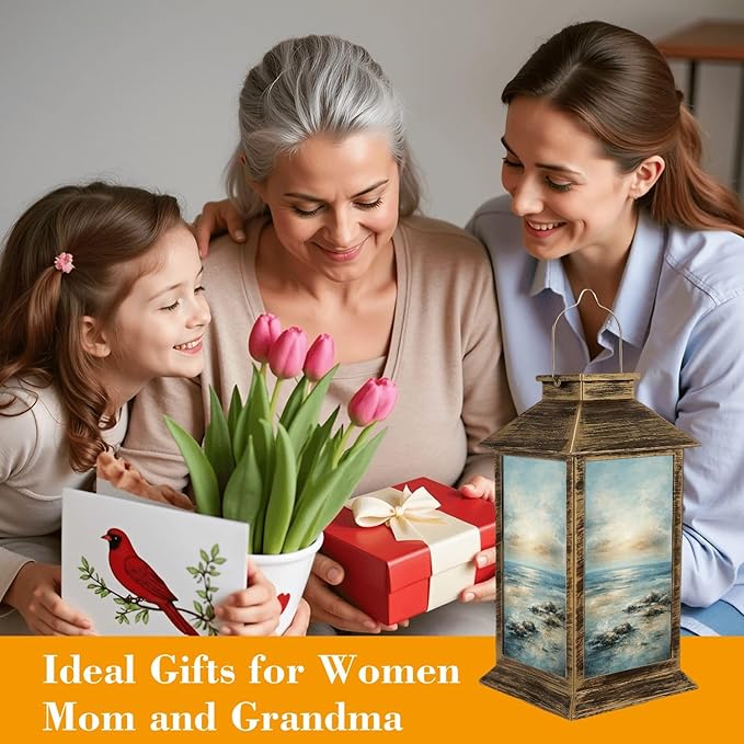 Solar Lantern Outdoor Waterproof Abstract Light Blue Coastal Theme Modern Ocean Skyline Sunset Sunrise Garden Decor LED Solar Lights Hanging/Tabletop Lamp Gifts for Women Mom for Outside Yard Patio