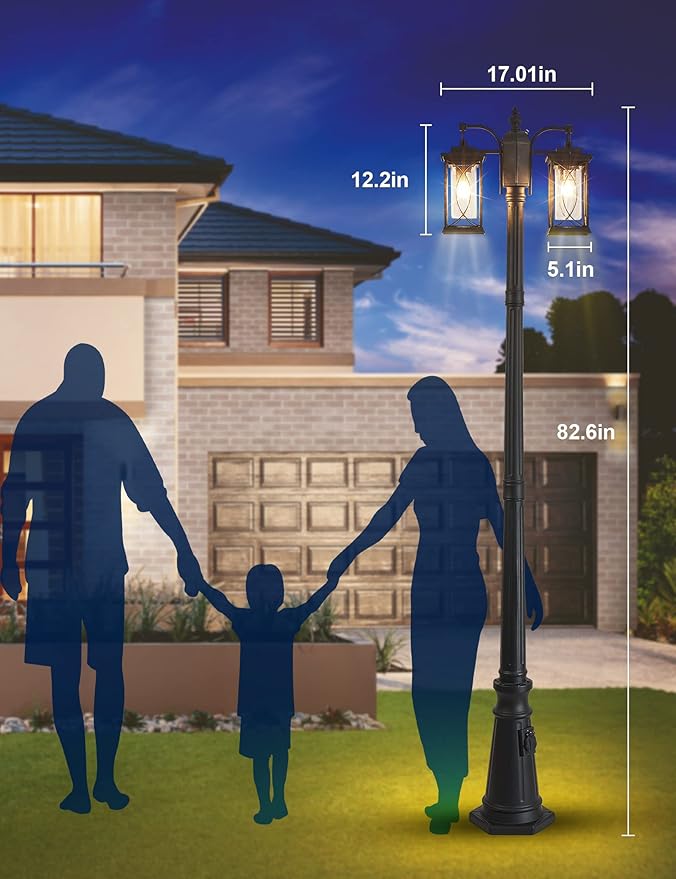 Dusk to Dawn Outdoor Lamp Post Light Modern 2-Head Street Pole Light Fixtures with Outlet, Waterproof Black Outside | Lumora