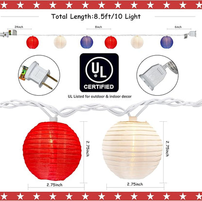 8.5FT Lantern String Lights, Red White and Blue Nylon Lanterns with 10 Mini Incandescent Bulbs, Plug in Connectable Outdoor Patio Lights for Independence Day President Memorial Day