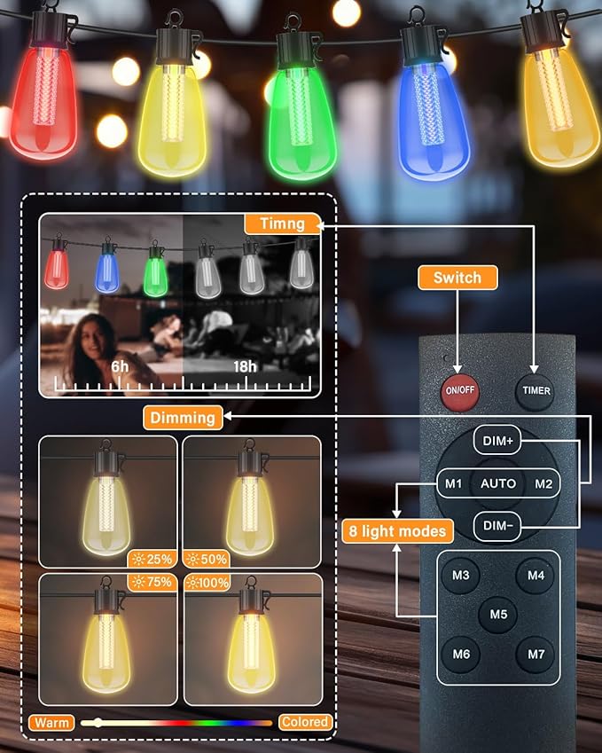 Avatar Controls 98FT Outdoor String Lights with Remote - Multicolor & Warm White, 8 Light Modes Timer Waterproof | Lumora