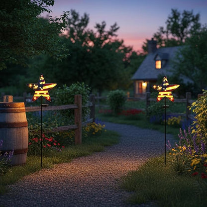 Garden Solar Lights 4th of July Decorations 3D Metal Stars for Outside with 11 Vintage Bulbs, Memorial Day Decorations American Flag Lights Patriotic Decor Outdoor Solar Pathway Light 46.5”