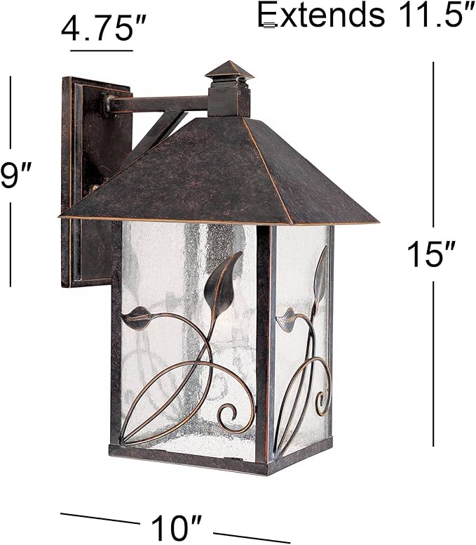 Franklin Iron Works French Garden Rustic Natural Cottage Outdoor Wall Fixture Bronze Metal Leaf and Vine Motif 15" Clear Seedy Glass Decor Exterior House Porch Patio Outside Deck Garage Front Door
