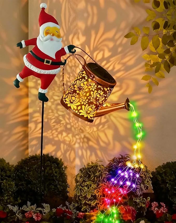 Christmas Santa Solar Kettle Lights Garden Lawn Decorative Lights, 2026 New Hanging Metal Solar Santa Claus Watering Can with LED Light for Pathway Patio(Warm White Lights)