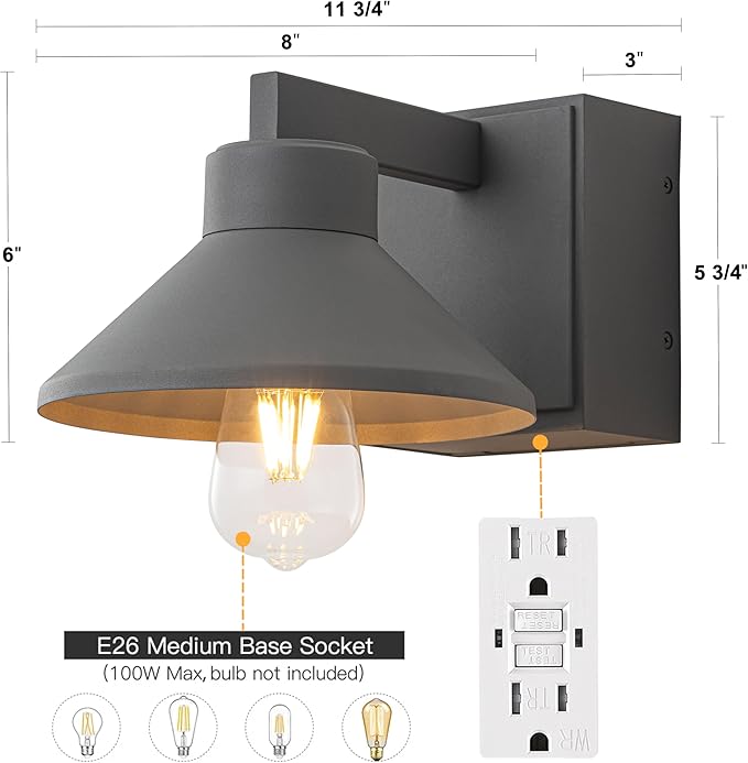 c cattleya Outdoor Wall Sconce with Outlet GFCI Matte Grey Waterproof Anti-Rust Aluminum Exterior Barn Lighting Wall Mount Front Porch Light with Outlet