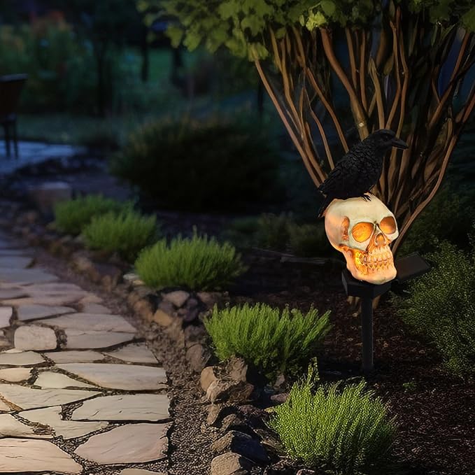 Halloween Skull Lights Crow on Skull Solar Pathway Lights Waterproof Scary Skeleton LED Outdoor Decorations, Realistic Resin Material for Patio Lawn Yard Garden Home Halloween Party (A)