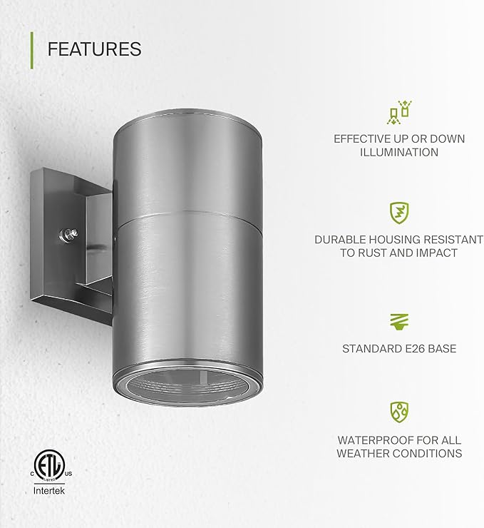 ASD 1 Light Outdoor Wall Light Fixture | 60W E26 Socket 120V ETL Cylinder Up Down Lights | LED/CFL/Incandescent | Lumora