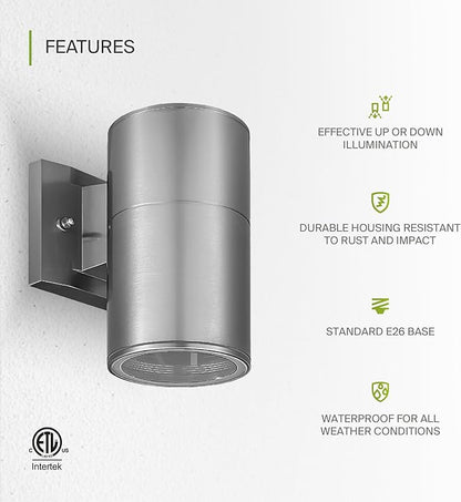 ASD 1 Light Outdoor Wall Light Fixture | 60W E26 Socket 120V ETL Cylinder Up Down Lights | LED/CFL/Incandescent Bulb Exterior Wall Sconce | Front Door, Porch, Patio Lighting | Stainless Steel