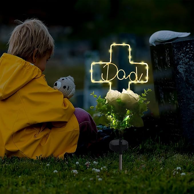 Lmtocs New Version Solar Cross Light for Cemetery Dad, 2 Modes with Rose Flower for Dad Grave Decorations, Waterproof Outdoor Light for Christmas Father Day Memorial Day Grave Decor