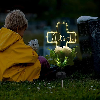 Lmtocs New Version Solar Cross Light for Cemetery Dad, 2 Modes with Rose Flower for Dad Grave Decorations, Waterproof Outdoor Light for Christmas Father Day Memorial Day Grave Decor