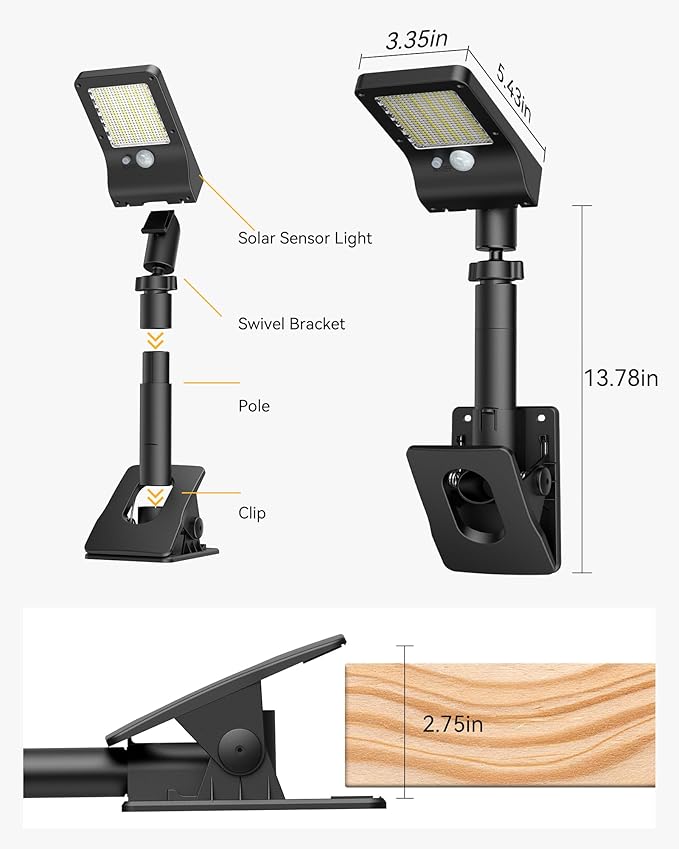 Clip On Solar Lights Outdoor, 350LM Solar Motion Sensor Clamp Light with 1200mAh Battery, 3 Modes 360° Adjustable Waterproof Fence Lights for Porch, Mailbox, Camping, Emergency, Security