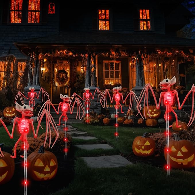 2PCS of Set Solar Garden Lights Outdoor for Halloween Decorations,3D RED Scary Bat Realistic Skeleton Decor for Halloween Party Decor,Solar Bats Path Lights for Lawn/Porch/Creepy Grave Décor
