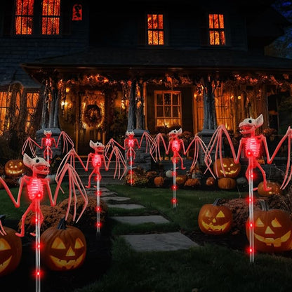 2PCS of Set Solar Garden Lights Outdoor for Halloween Decorations,3D RED Scary Bat Realistic Skeleton Decor for Halloween Party Decor,Solar Bats Path Lights for Lawn/Porch/Creepy Grave Décor
