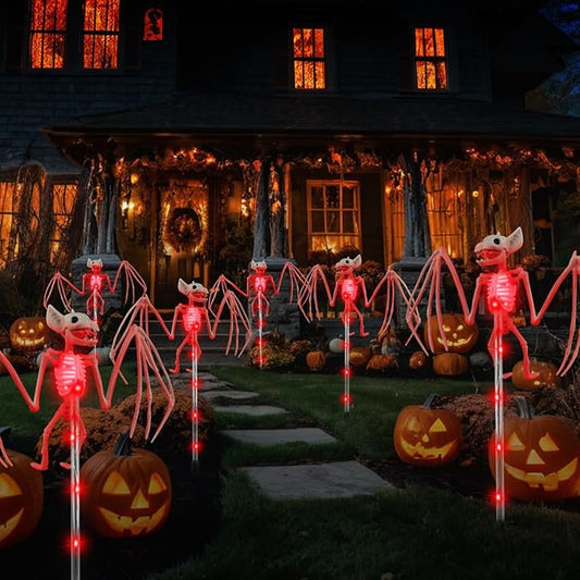 2PCS of Set Solar Garden Lights Outdoor for Halloween Decorations,3D RED Scary Bat Realistic Skeleton Decor for Halloween Party Decor,Solar Bats Path Lights for Lawn/Porch/Creepy Grave Décor