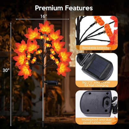 Fall Solar Lights Outdoor, Solar Powered Fall Stake Lights with 20 Maple Leaf and 20 Pumpkin for Yard, Patio, Lawn, Garden, House, Home Outside Thanksgiving Harvest Decorations(2 Pack)