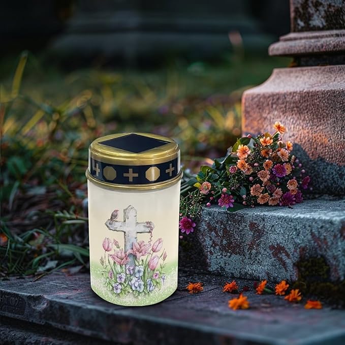 Garden Decor Solar Light Outdoor Stake Patio Yard Lawn Porch Pathway Grave Cross Solar Lights for Cemetery Christmas Outside Waterproof Decorations
