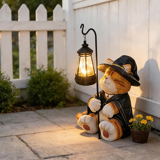 Decorative Solar Lights Garden Cat Statue Outdoor Figurine Light Themed Wizard Cat Lantern for Garden Decoration | Lumora